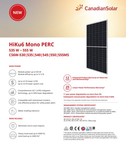 Panou solar fotovoltaic monocristalin hiku6 mono perc cs6w-550ms silver frame, max. 1500v, lungime cablu 1400mm, conector t6, 550w, 2278x1134x30mm, ip68, 144 celule [2x(12x6)]