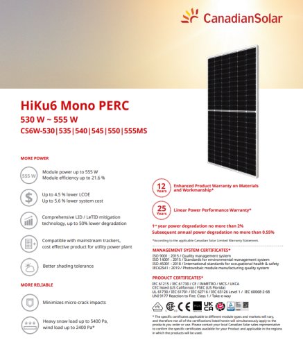 Panou solar fotovoltaic monocristalin hiku6 mono perc cs6w-555ms silver frame, max. 1500v, lungime cablu 410mm, conector t6, 555w, 2261x1134x30mm, ip68, 144 celule [2x(12x6)]