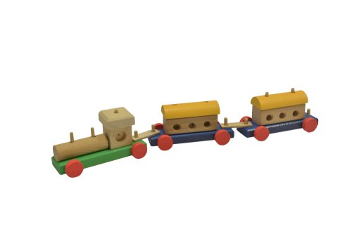 Trenuleț din lemn cu locomotivă și două vagoane