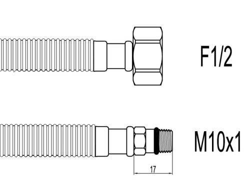 Racord flexibil din inox gofrat f1/2"xm10 cu capat scurt, 100cm, techman gbs29