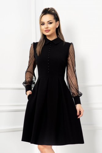 Rochie eleganta neagra in clos cu nasturi tip perla si maneci din tul