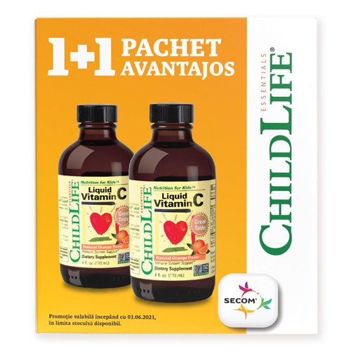 Pachet avantajos vitamina c 250mg childlife essentials, 118.50 ml, 1 + 1 cadou, natural, secom