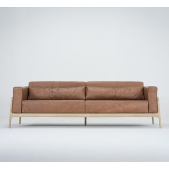 Canapea cu 4 locuri din piele bovină cu structură din lemn masiv de stejar gazzda fawn, maro cognac