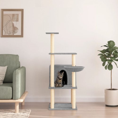 Ansamblu de pisici, stâlpi din funie sisal, gri deschis, 132 cm