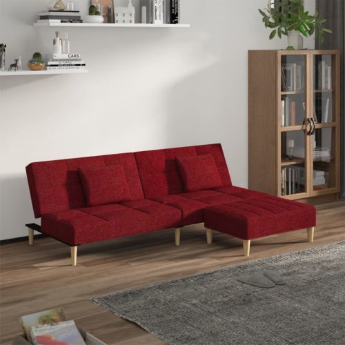 Canapea extensibilă, 2 locuri 2 perne/taburet roșu vin textil