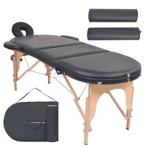 Masă masaj pliabilă, 10 cm grosime, cu 2 perne, oval, negru