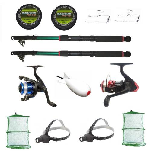 Kit complet de pescuit sportiv pentru doua persoane cu lansete 2,4m, doua mulinete si accesorii