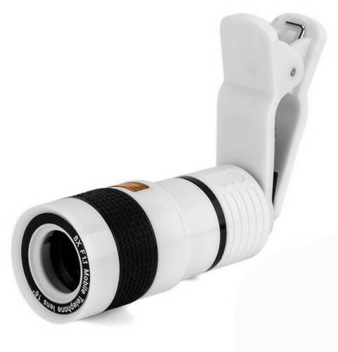 Lentila zoom 8x iuni teleobiectiv optic cu clips de prindere, compatibil cu smartphone si tableta, alb