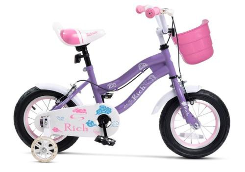 Bicicleta copii rich baby r1208a, roti 12inch, c-brake, cosulet, roti ajutatoare cu led (mov)