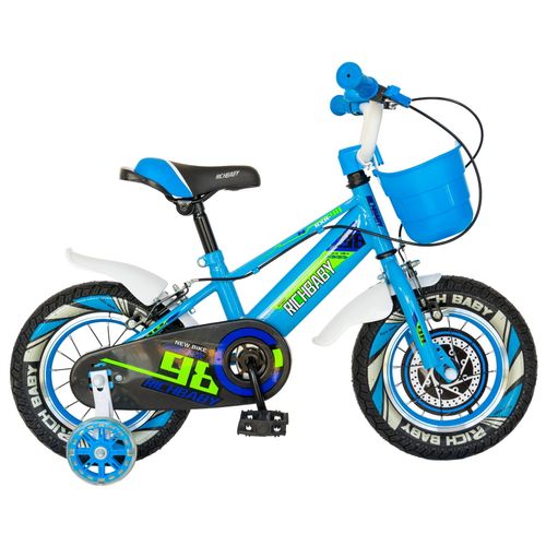  bicicleta copii rich baby r1407a, roti 14inch, frana c-brake, cosulet, roti ajutatoare cu led (albastru/verde)