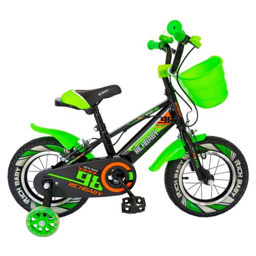 Bicicleta copii rich baby r1407a, roti 14inch, frana c-brake, cosulet, roti ajutatoare cu led (negru/verde)