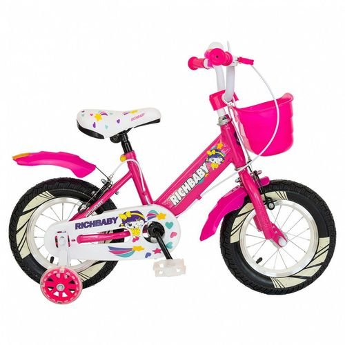  bicicleta copii rich baby r1408a, roti 14inch, frana c-brake, cosulet, roti ajutatoare cu led (fucsia/alb) 