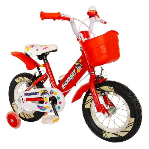 Bicicleta copii rich baby r1408a, roti 14inch, frana c-brake, cosulet, roti ajutatoare cu led (rosu/alb)
