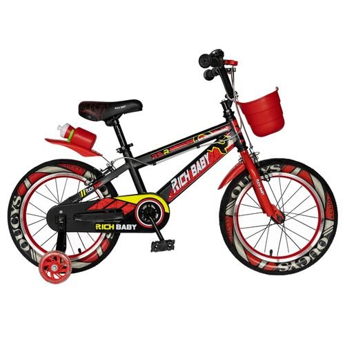 Bicicleta copii rich baby r14wtb, roti 14inch, roti ajutatoare, 3-5 ani, cosulet (negru/rosu)