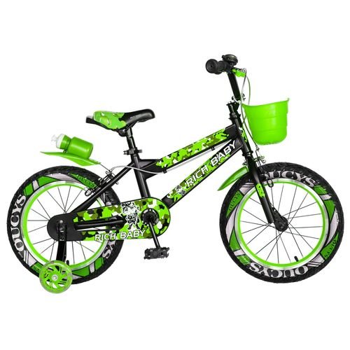 Bicicleta copii rich baby r16wta, roti 16inch, roti ajutatoare cu led, 4-6 ani, cosulet (negru/verde)