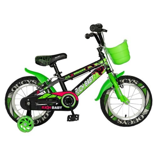Bicicleta copii rich baby r16wtb, roti 16inch, roti ajutatoare, 4-6 ani, cosulet (negru/verde)