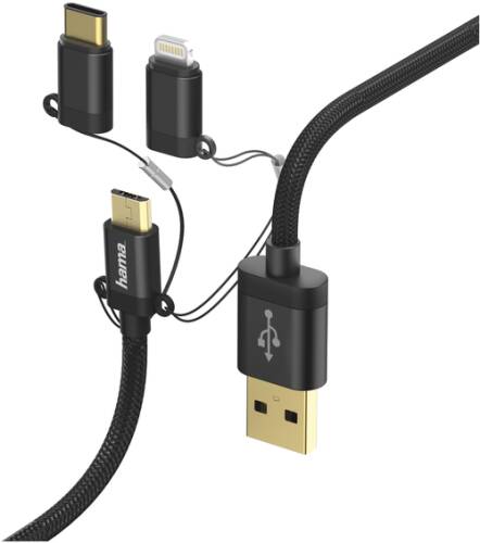 Cablu de date hama 183348, usb - microusb + adaptor lightning + adaptor usb type-c, 1m (negru)