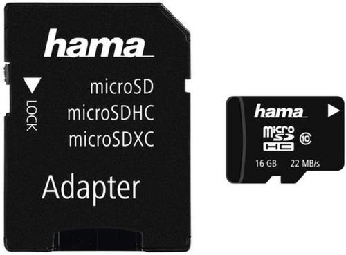 Card de memorie hama microsdhc, 16gb, clasa 10, pana la 22 mb/s + adaptor sd