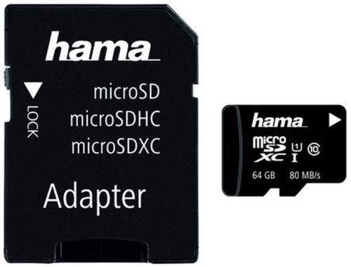 Card de memorie hama microsdxc, 64gb, clasa 10, pana la 80 mb/s, uhs-i + adaptor sd