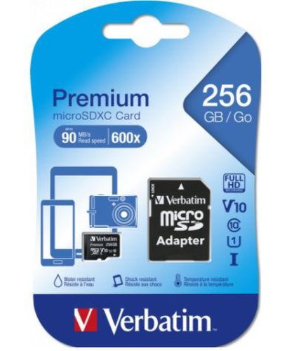 Card de memorie verbatim premium microsdxc, 256gb, uhs-i u1, clasa 10, v10 + adaptor sd