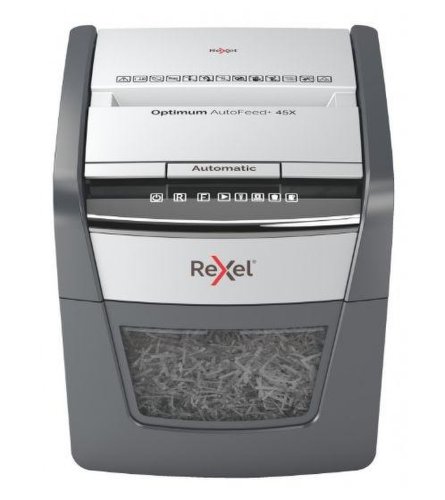 Distrugator automat documente rexel optimum 45x 2020045xeu, 45 coli, p4, cos 20l (negru/gri)
