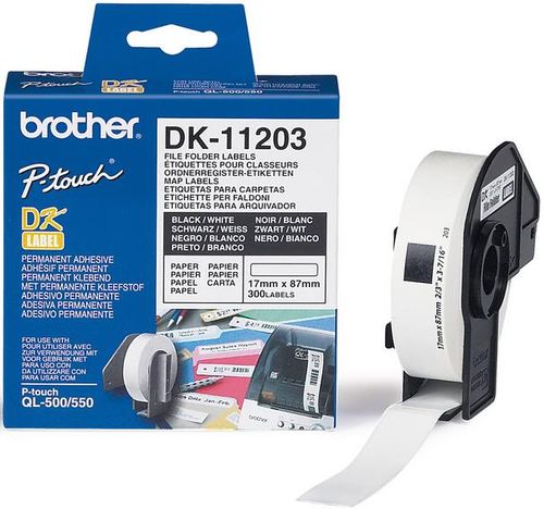 Etichete de hartie pentru dosare brother dk11203, 17 mm x 87 mm (negru/alb)