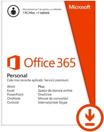 Microsoft Office 365 personal, abonament anual, 1 utilizator, multi language, 1 pc/mac + 1 tableta/smartphone, licenta esd (electronica)