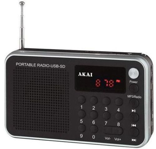 Radio portabil akai dr002a-521b, cu usb slot, sd/mmc/tf card slot, antena fm telescopica, baterie reincarcabila, functie ceas alarma (negru)