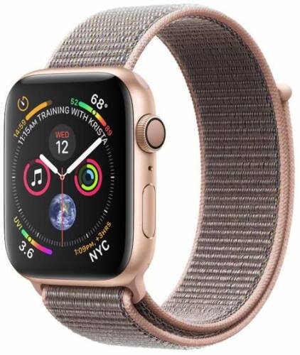Smartwatch apple watch 4, 44mm, ltpo oled retina display, gps, bluetooth, wi-fi, bratara sport loop roz, carcasa aluminiu, rezistent la apa si praf (gold)