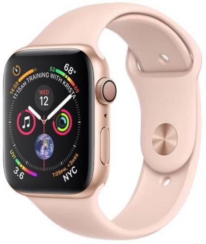 Smartwatch apple watch 4, 44mm, ltpo oled retina display, gps, bluetooth, wi-fi, bratara sport roz, carcasa aluminiu, rezistent la apa si praf (gold)