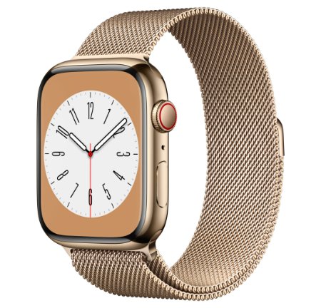 Smartwatch apple watch s8 cellular, ecran ltpo oled, bluetooth, wi-fi, gps, bratara otel 45mm, carcasa otel, rezistent la apa 5atm (auriu) 
