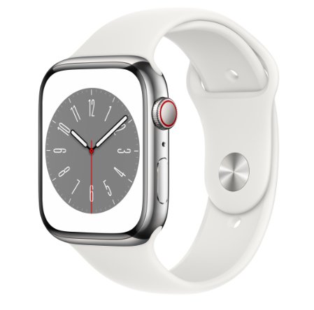 Smartwatch apple watch s8 cellular, ecran ltpo oled, bluetooth, wi-fi, gps, bratara silicon 45mm, carcasa otel, rezistent la apa 5atm (alb)