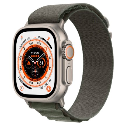 Smartwatch apple watch ultra cellular, ecran ltpo oled, bluetooth, wi-fi, gps, bratara textil l 49mm, carcasa titanium, rezistent la apa 10atm (verde)