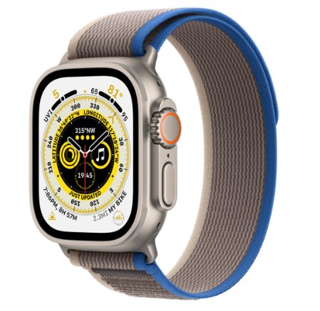 Smartwatch apple watch ultra cellular, ecran ltpo oled, bluetooth, wi-fi, gps, bratara textil m/l 49mm, carcasa titanium, rezistent la apa 10atm (albastru/gri)