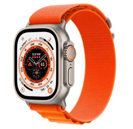 Smartwatch apple watch ultra cellular, ecran ltpo oled, bluetooth, wi-fi, gps, bratara textil s 49mm, carcasa titanium, rezistent la apa 10atm (portocaliu) 