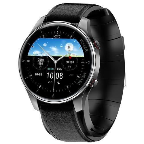 Smartwatch dualstore isen watch p50, cu bratara neagra din piele, 1.3inch, tensiometru cu manseta gonflabila, temperatura, oxigen, negru