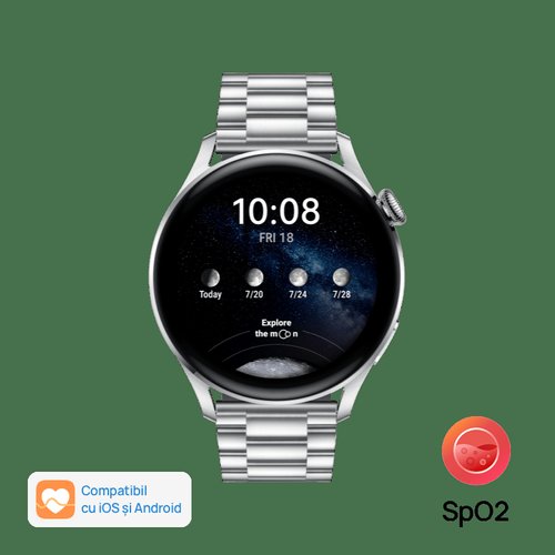Smartwatch huawei watch 3, display amoled hd 1.43inch, 2gb ram, 16gb flash, bluetooth, nfc, gps, wi-fi, 4g, carcasa otel, rezistent la apa 5 atm, andorid/ios (argintiu) 