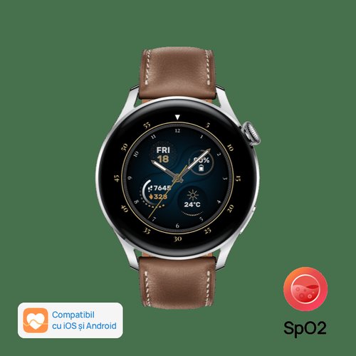 Smartwatch huawei watch 3, display amoled hd 1.43inch, 2gb ram, 16gb flash, bluetooth, nfc, gps, wi-fi, 4g, carcasa otel, rezistent la apa 5 atm, andorid/ios (maro)