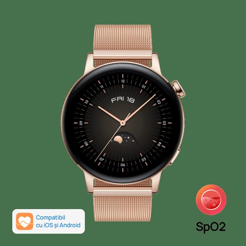 Smartwatch huawei watch gt 3 elegant, display amoled 1.32inch, 32mb ram, 4gb flash, bluetooth, gps, carcasa otel, bratara otel, rezistent la apa, android/ios (auriu)