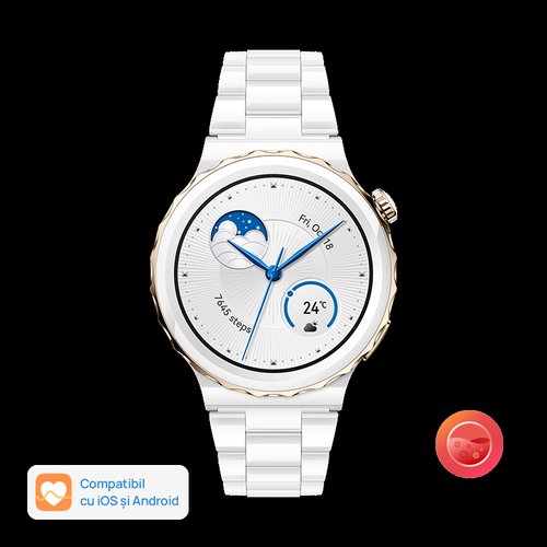 Smartwatch huawei watch gt 3 pro frigga-b19t, display amoled 1.32inch, 32mb ram, 4gb flash, bluetooth, gps, carcasa ceramica 43mm, bratara ceramica, rezistent la apa, android/ios (alb)