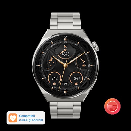 Smartwatch huawei watch gt 3 pro odin-b19m, display amoled 1.43inch, 32mb ram, 4gb flash, bluetooth, gps, carcasa titan 46mm, bratara titan, rezistent la apa, android/ios (argintiu)