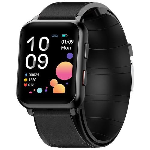 Smartwatch isen watch p80, cu bratara neagra din piele, 1.65inch hd, tensiometru cu manseta gonflabila, ritm cardiac, temperatura, oxigen, negru