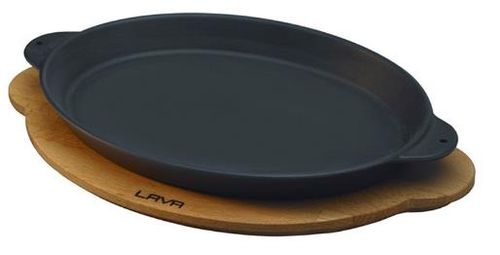 Tava fonta ovala lava pentru fajita cu suport de lemn (negru)