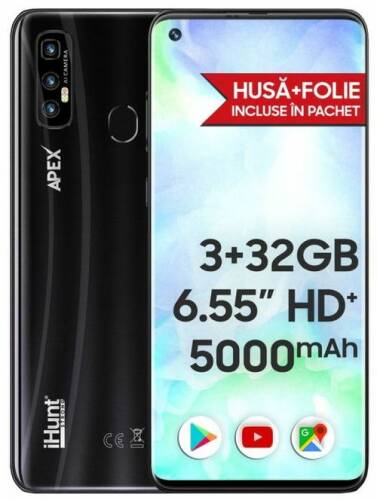 Telefon mobil ihunt s20 ultra apex 2021, ecran 6.55inch ips hd+, 3gb ram, 32gb rom, dualsim, android 10, 5000mah, triplecamera 13mp, amprenta, 4g (negru)