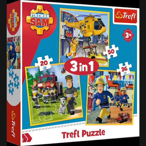 Set puzzle 3 in 1 trefl fireman sam, pompierul sam in actiune, 1x20 piese, 1x36 piese, 1x50 piese