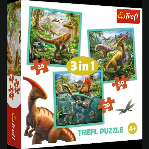 Set puzzle 3 in 1 trefl lumea extraordinara a dinozaurilor, 1x20 piese, 1x36 piese, 1x50 piese