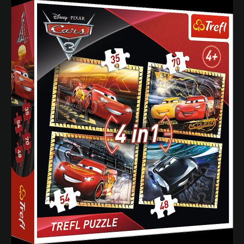 Set puzzle 4 in 1 trefl disney cars, gata de cursa 1x35 piese, 1x48 piese, 1x54 piese, 1x70 piese