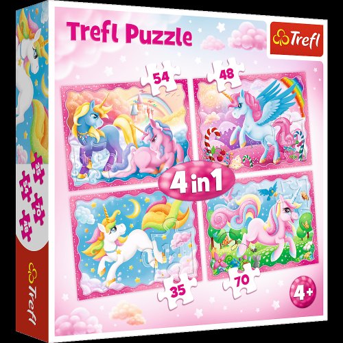 Set puzzle 4 in 1 trefl lumea magica a unicornilor, 1x35 piese, 1x48 piese, 1x54 piese, 1x70 piese