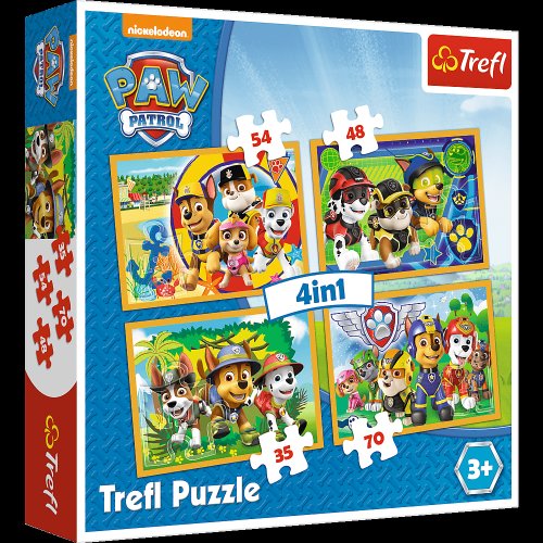 Set puzzle 4 in 1 trefl paw patrol, mereu punctual, 1x35 piese, 1x48 piese, 1x54 piese, 1x70 piese