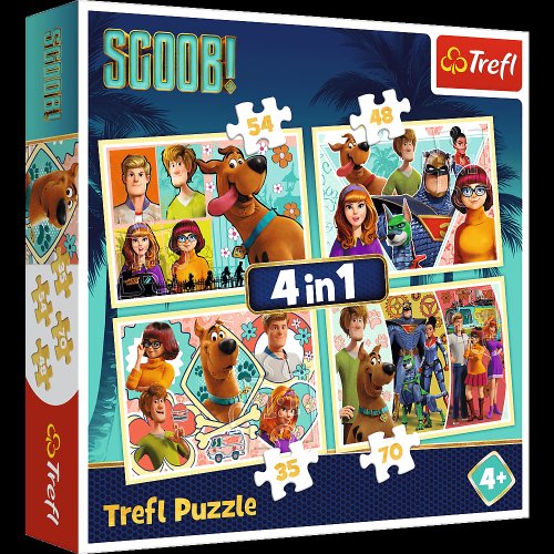 Set puzzle 4 in 1 trefl scooby doo si prietenii, 1x35 piese, 1x48 piese, 1x54 piese, 1x70 piese